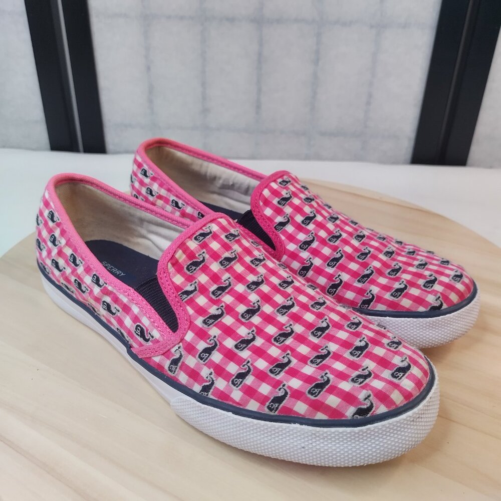 Sperry Vineyard Vines Seaside Gingham Pink & White Sneakers Big Kids US 5M - Picture 3 of 15